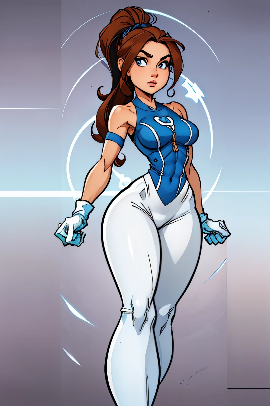 Athletic, slender build standing 5'9" tall
Hourglass figure with narrow waist and flared hips
Toned, muscular limbs including arms, shoulders and legs
She wears a form-fitting blue and white jumpsuit:

Zips up the front with a high neckline
Short sleeves and legs leave arms/lower legs bare
Emblazoned portal emblem on chest
Knee-high white boots with blue stripes
White gloves with blue wave pattern on hands
Other details:

Long brown hair pulled back in ponytail
Intense blue eyes behind glowing blue/white visor around temples
Confident and determined expression
Opening glowing blue and white spiral portals in action poses
Showcasing athleticism with powerful jumps, fights, and stances
Emphasize her muscular frame as she controls portal energies