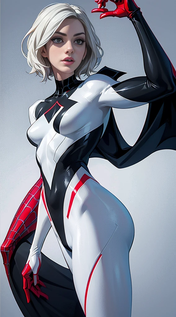 spider gwen, Hotly, partial , high quality, dynamic pose, Beautiful, gorgeousl, in love,Short suit, spider in a suit, white black red suit、Anne Hathaway