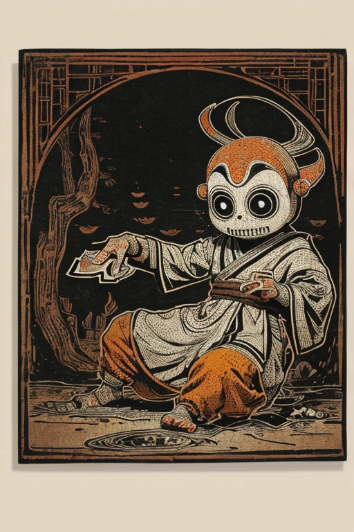((jumpscare)), Outline warm color, ((festival)), ((Chojugiga)), ((Shihon Bokuga)), antique, (anthropomorphism), (Sumi-e), Monochrome art, (Old paper style illustration), (hunting paintingural style, Little monster, old performance, variational pointillism, flat illustration, eerie, (horror elements), eerie worldview, (primitive art), Outline warm color, old picture scroll style, old staging, Ancient mural style