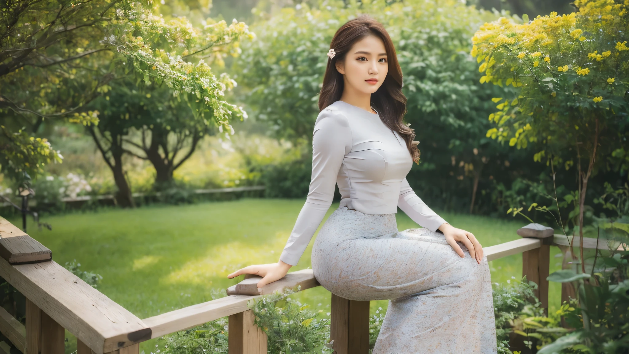 (best quality,4k,highres,masterpiece:1.5),ultra-detailed,(realistic,photorealistic,photo-realistic:1.37), beautiful girl 24 years old, beautiful detailed eyes,beautiful detailed lips,extremely detailed eyes and face,longeyelashes ,1girl,illustration,soft lighting,vibrant colors,bokeh,romantic,dreamlike,ethereal vibe,Full Body Shot Professional Photo, (Photo 4K:1.1) (Sharp Focus:1.1), High Detail, Woman in (beautiful chrysanthemum garden:1.2 ) , Pretty Buttocks, long Hair, One Hand One Hip Pose, confident, slim girl, big tits:1.2, perfect anatomy, perfect symmetry:1.2, Realistic, realistic face:1.3, perfect face, content, confident, very detailed, and dramatic, cinematic lighting, Lighting scene, soft lights graceful movement, full body photography, (((masterpiece :1.5))), photoreal acmm ss outfit, wearing acmm top, light purple acmm top, short sleeves, buttons, wearing acmm long skirt , white and pink with printed acmm long skirt, acmm ls outfit, wearing acmm top, olive green acmm top, long sleeves, wearing acmm long skirt, olive green acmm long skirt, printed skirt