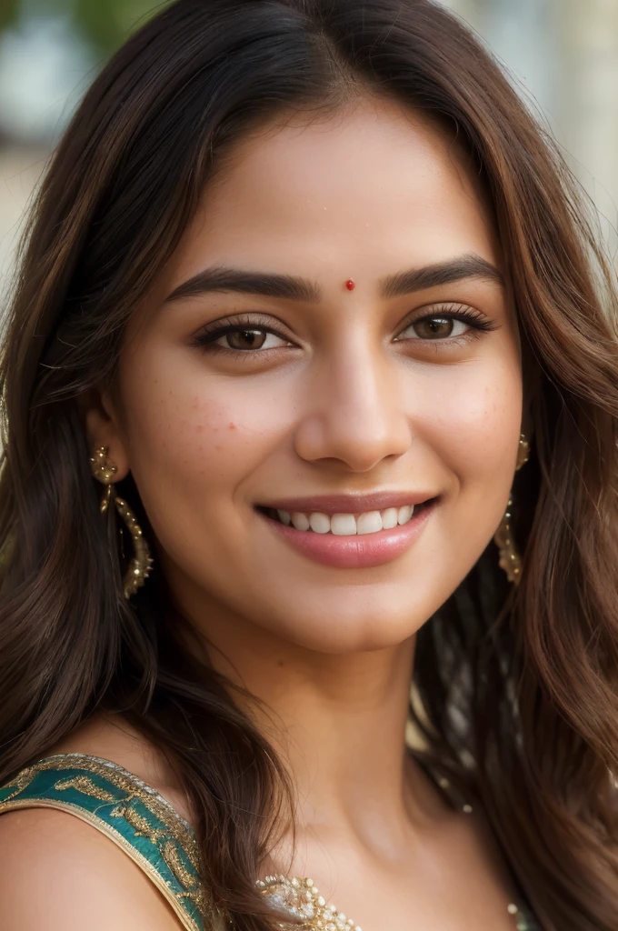 (best quality,4k,8k,highres,masterpiece:1.2),ultra-detailed,(realistic,photorealistic,photo-realistic:1.37),
beautiful smile,smiling face,detailed eyes,detailed lips,delicate nose,
,soft skin,black wavy hair,elegant posture,feminine charm, indian dress,
fine details,gorgeous background,vibrant colors,subtle lighting,