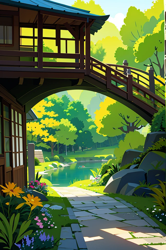 a charming small village with beautiful landscaping, cozy cottages, vibrant flowers, winding pathways, lush greenery, quaint bridges, a peaceful river, warm sunlight, gentle breeze, stone walls, rustic fences, cobblestone streets, bustling market, locals enjoying outdoor activities, birds chirping, blue sky, distant mountains [best quality, highres], a dreamy impressionistic painting style, soft pastel colors, warm and inviting atmosphere, magical lighting, enchanting scenery.