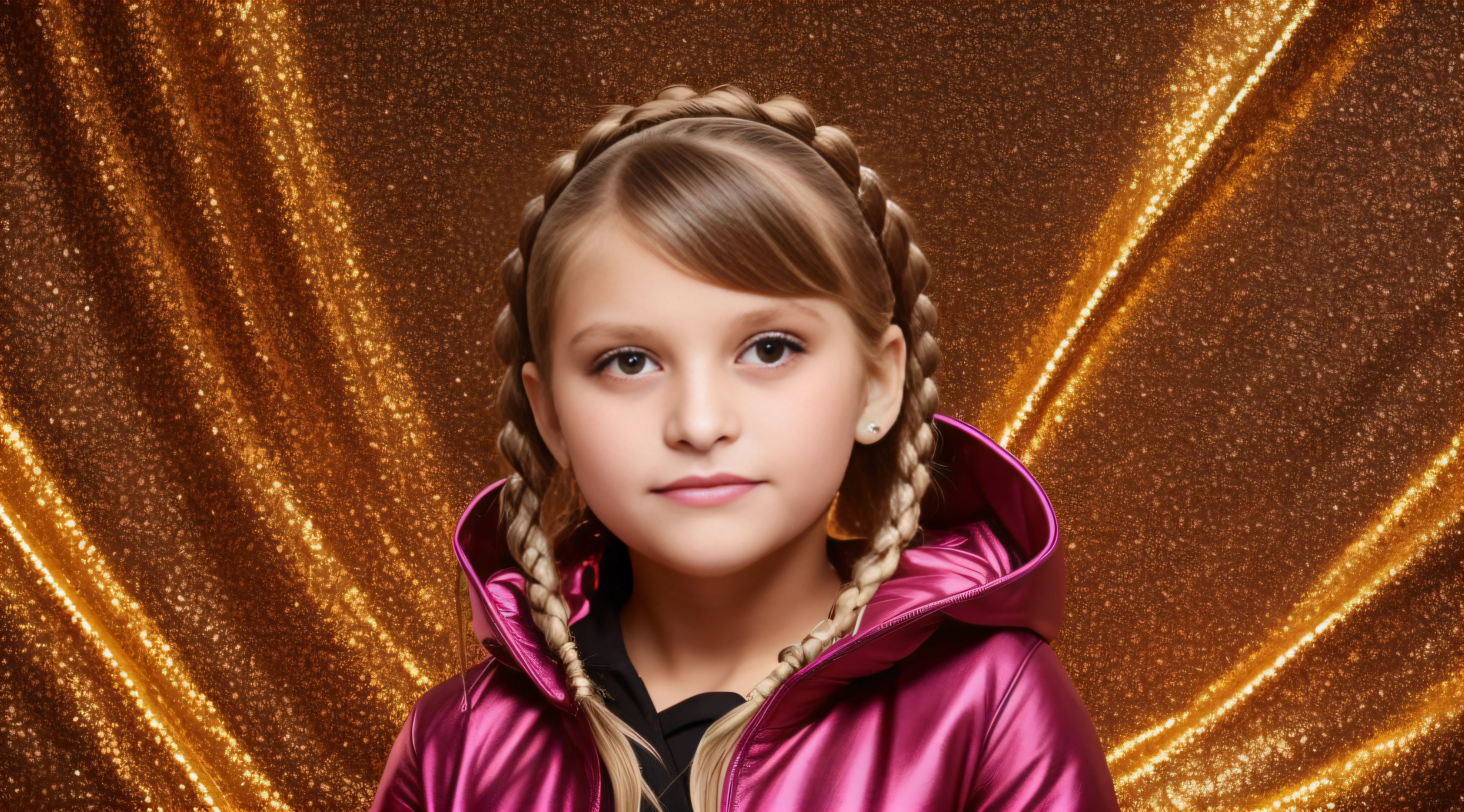 Girl child , Russian blonde in braids, com roupa de jaqueta de couro vermelha, Estilo retrato, fundo preto e vermelho, uma bola de disco prateada com um reflexo de espelho sobre ela, bola de discoteca, bola de discoteca no fundo, prata brilhante.