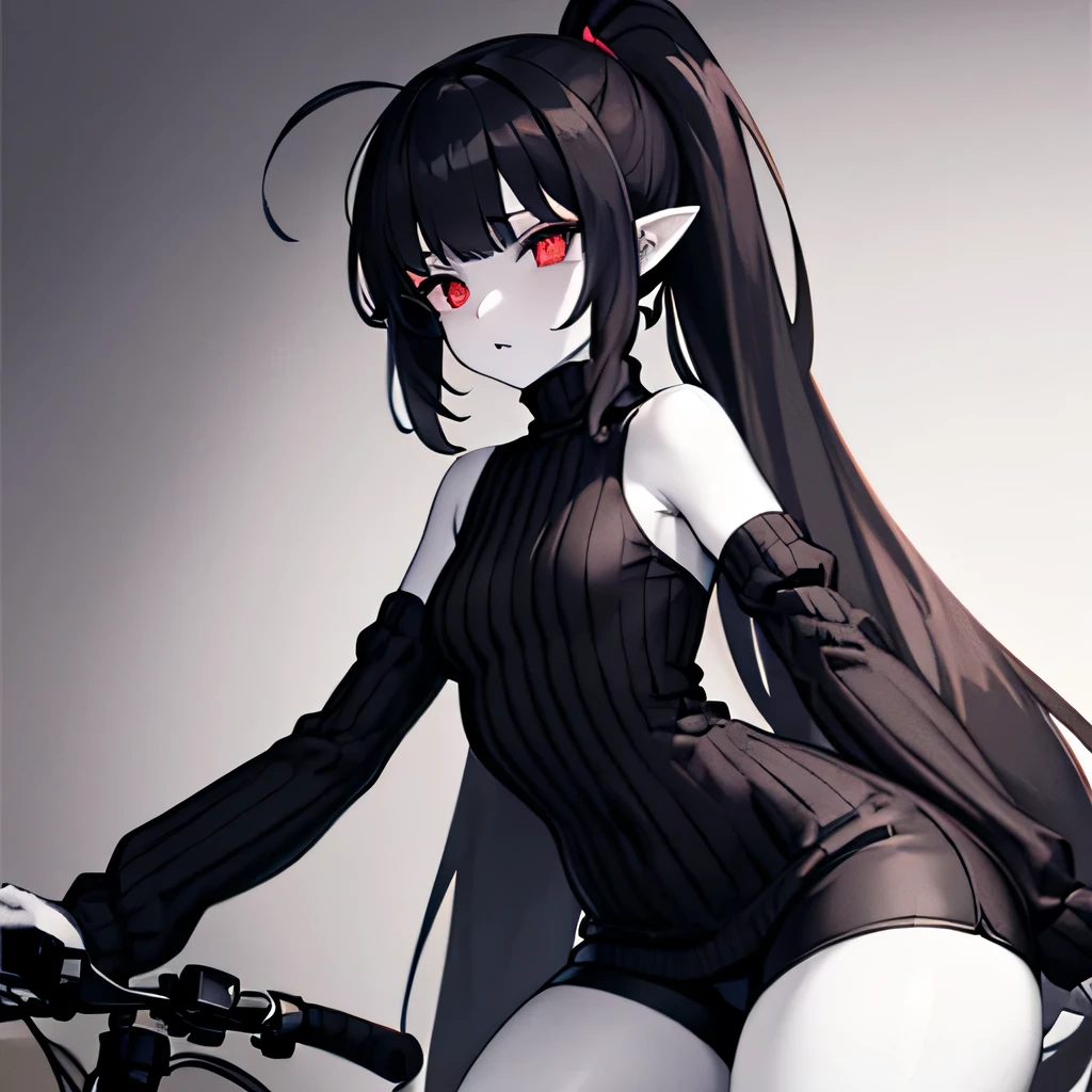 (petite:1.3) , 1girl, very long hair, red eyes, black hair, (pale skin:1.3) , (thick thighs:1) , pointy ears , high ponytail , glowing eyes , blunt bangs, messy hair , black turtleneck sweater, puffy sleeves, long sleeves, black sweater dress, bare shoulders, detached sleeves , bike shorts