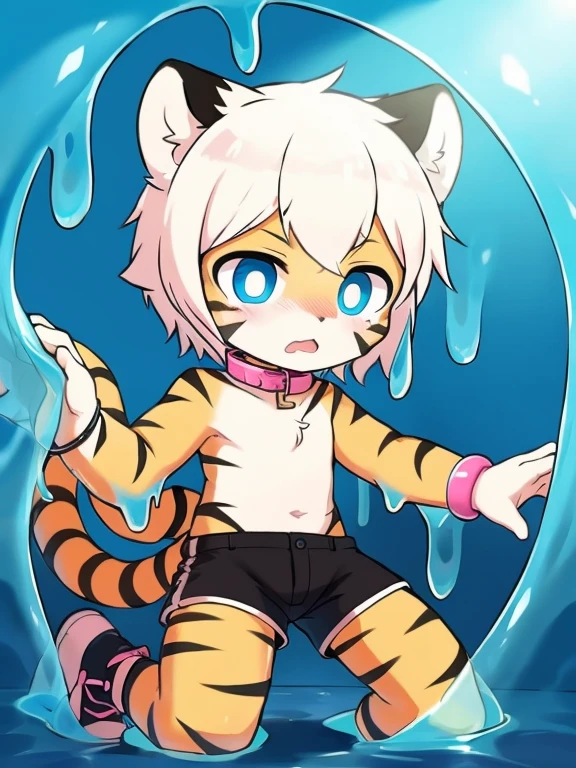 （4k，8k，best quality，meticulous details，Delicate light，Delicate short hair）Tiger cubs，White hair，dark blue pupils，There is something strange，surprise，touch slime，black shorts，big blue striped tail，Little fresh，Sit on a slime，Shota，Pink ankle ring，Pink bracelet，Pink leg rings，pink collar