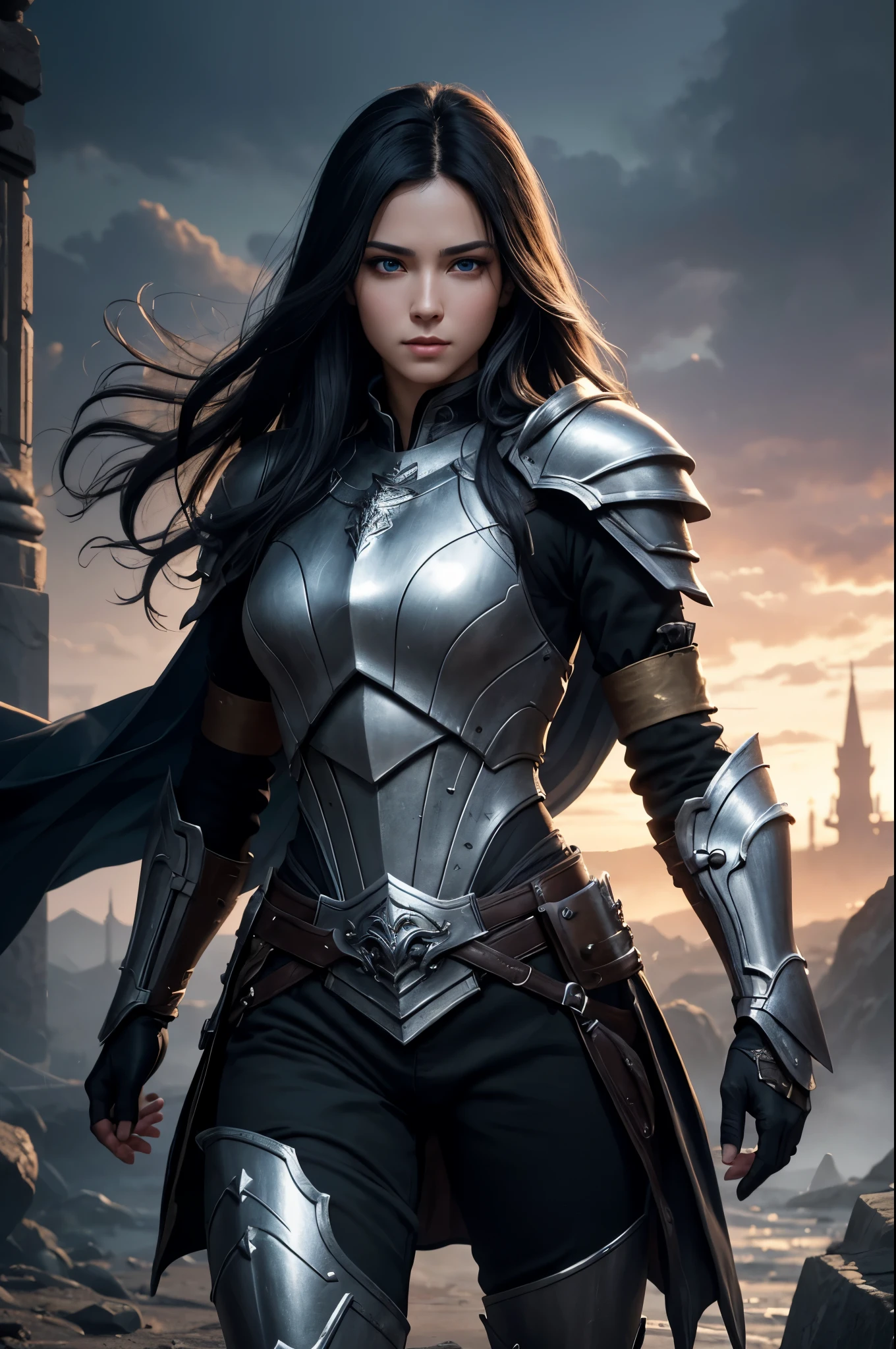 8K,Photoreal,Raw photo(highest quality;1.4) ,(1 adult male),super handsome(lifelike face),long black hair perm,handsome prince with blue eyes,Black and silver armor,black and silver pants,glare,Equipped with a long and large sword on the waist,Wearing black leather gloves,Remains,Gweitz style,realistic,exact details,unreal engine,beautiful expression,Details of each part,Super high resolution.超realistic,attractive,foot armor,skin that looks real,Fantasy Emperor.ultra high resolution,Super realistic,fantasy art,character art,