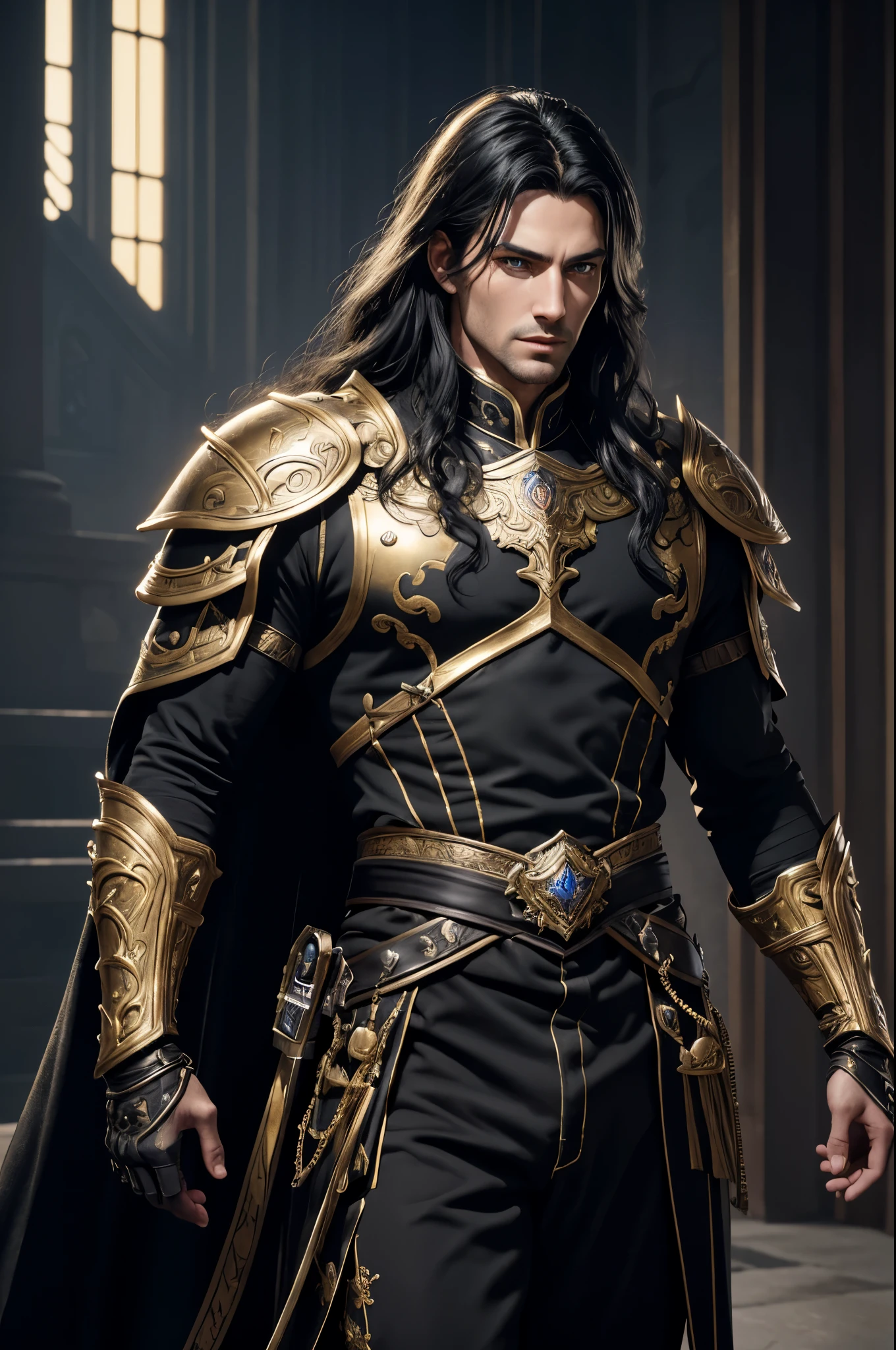 8K,Photoreal,Raw photo(highest quality;1.4) ,(1 adult male),super handsome(lifelike face),long black hair perm,handsome prince with blue eyes,black and silver aristocratic look,Black and gold trousers,golden decoration,　glare,Equipped with a long and large sword on the waist,Wearing black leather gloves,Remains,Gweitz style,realistic,exact details,unreal engine,beautiful expression,Details of each part,Super high resolution.超realistic,attractive,foot armor,skin that looks real,Fantasy Emperor.ultra high resolution,Super realistic,fantasy art,character art,