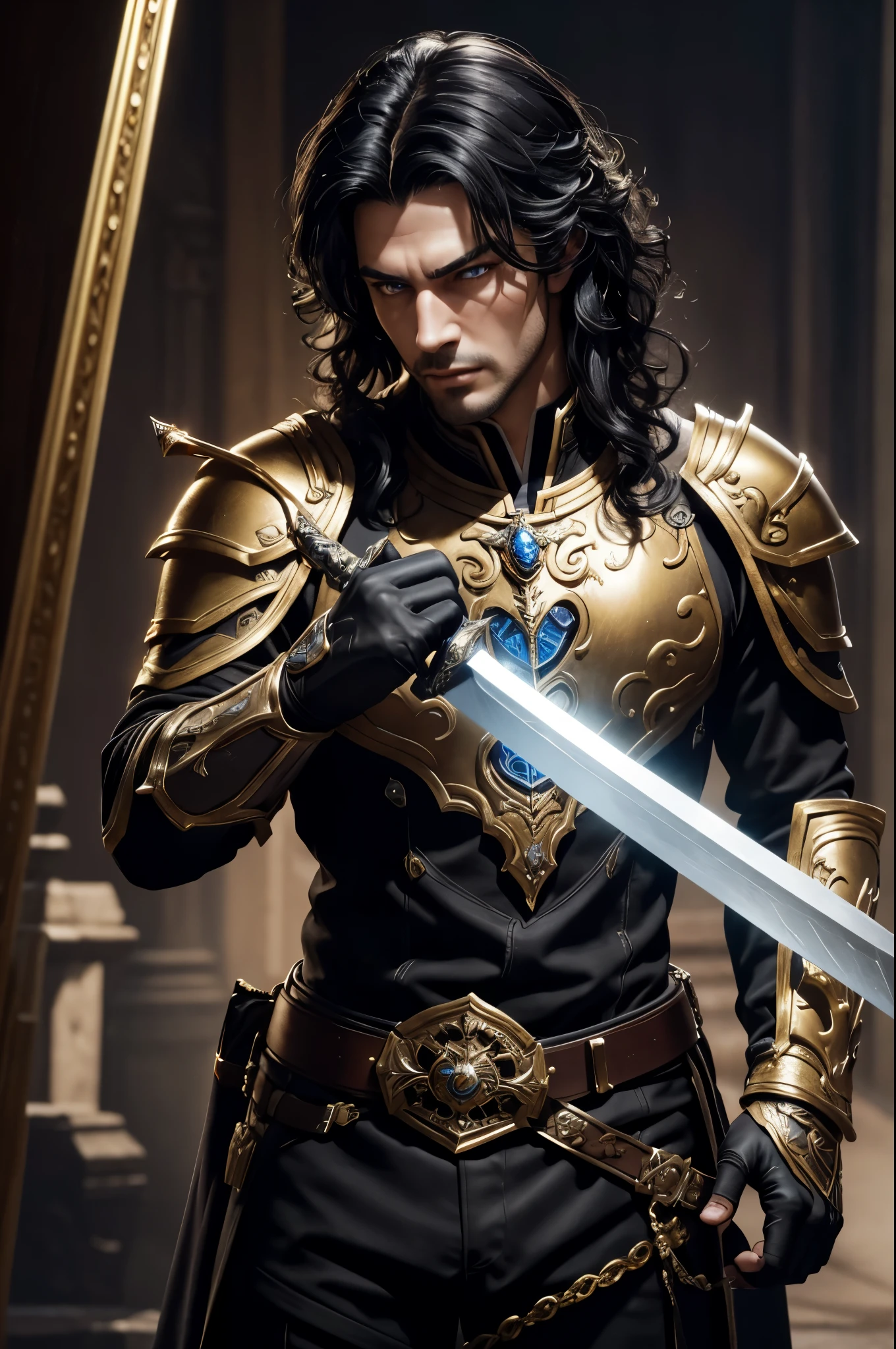 8K,Photoreal,Raw photo(highest quality;1.4) ,(1 adult male),super handsome(lifelike face),long black hair perm,handsome prince with blue eyes,black and silver aristocratic look,Black and gold trousers,golden decoration, glare,Equipped with a long and large sword on the waist,Wearing black leather gloves,Remains,Gweitz style,realistic,exact details,unreal engine,beautiful expression,Details of each part,Super high resolution.超realistic,attractive,foot armor,skin that looks real,Fantasy Emperor.ultra high resolution,Super realistic,fantasy art,character art,