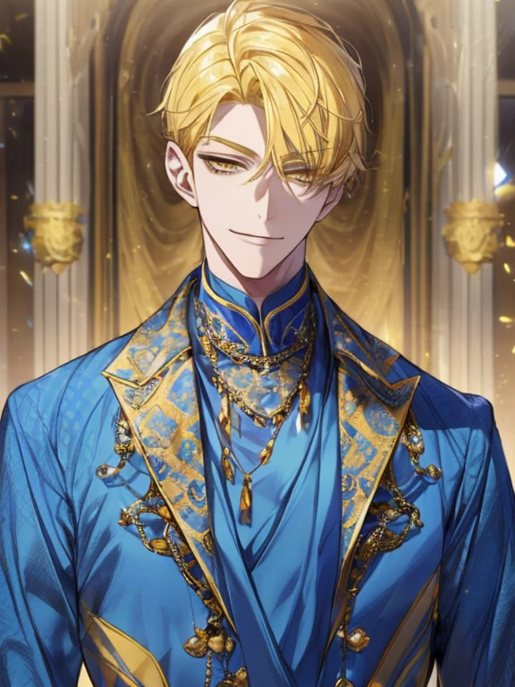 extremely detailed, 1 man, solo, perfect face, pretty face, highly detailed face,yellow short hair, yellow eyebrows、Handsome man with expressive eyes, smiling, yellow eyes、(((blue long gown)))、(muste piece), (best quality)、