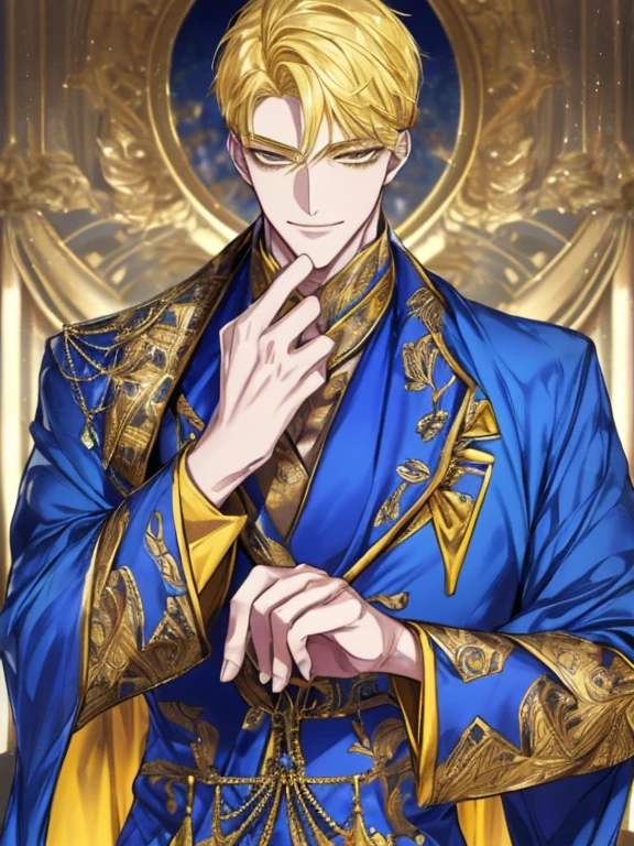 extremely detailed, 1 man, solo, perfect face, pretty face, highly detailed face,yellow short hair, yellow eyebrows、Handsome man with expressive eyes, smiling, yellow eyes、(((blue long gown)))、(muste piece), (best quality)、