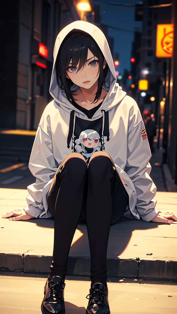 (masterpiece), (best quality), (high quality), (highly detailed), (1boy), (adult), ((30 years old)),((comfortable expressions)), ((anime art)), jacket hoodie black white cool, trousers black cyberfunk, ((sitting on a city stairs)), focus on face, shoe futuristic, eyes, (((blurry background))), (((background blurry))), ((nighttime background)), (detailed eyes), (realistic face), (realistic body), (realistic)