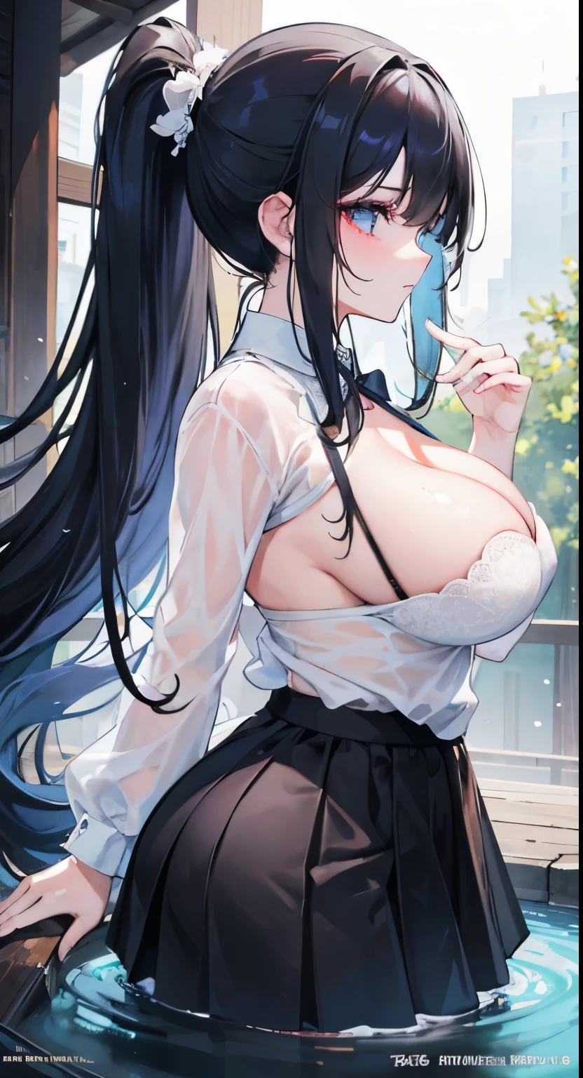 1 girl（masterpiece，top quality，best quality，official art，Beauty and aesthetics：1.2），（Pick dyeing，The main body of hair is black，Pick dyeing为蓝色和粉色：1：2），facing away，Bare back，ponytail，big sister，tall figure，enchanted，enchanting，Flushed complexion，Very, very big，super gigantic breasts，breasts bigger than head，cleavage，Cocked buttocks，Water-soaked white transparent skirt，Soaked white shirt，Black lace bra