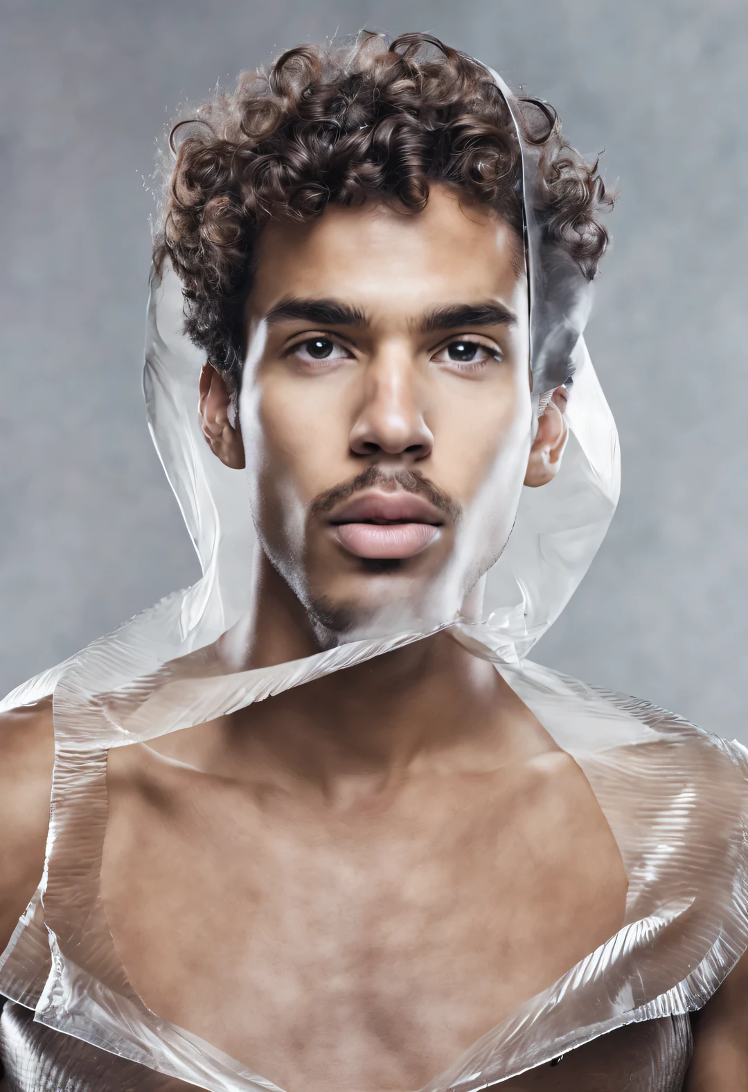 The face is transparent、Portrait of man with dark curly hair