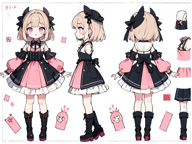 character sheet,masterpiece, highest quality, cute, cute, 1 girl, alone, Mine series,Black goth loli,platform boots,pink makeup,T pose,pink weaving