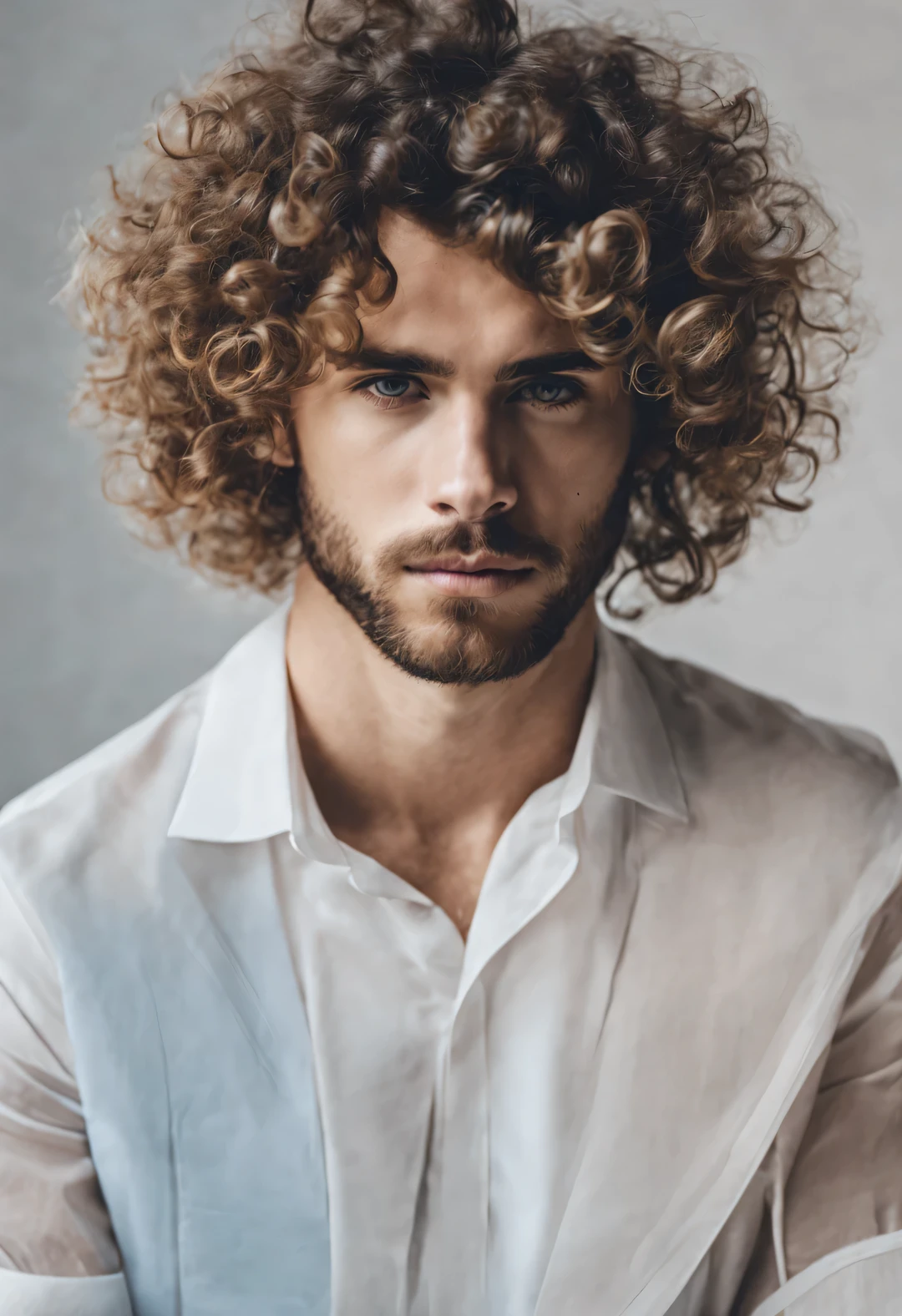 The face is transparent、Portrait of man with dark curly hair