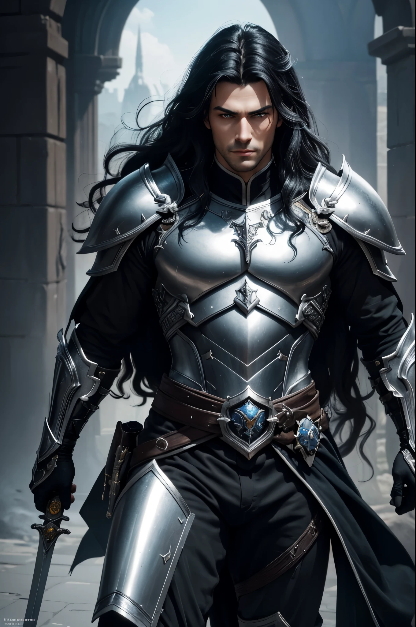 8K,Photoreal,Raw photo(highest quality;1.4) ,(1 adult male),super handsome(lifelike face),long black hair perm,handsome prince with blue eyes,black and silver aristocratic look,black and silver pants,glare,Equipped with a long and large sword on the waist,Wearing black leather gloves,Remains,Gweitz style,realistic,exact details,unreal engine,beautiful expression,Details of each part,Super high resolution.超realistic,attractive,foot armor,skin that looks real,Fantasy Emperor.ultra high resolution,Super realistic,fantasy art,character art,