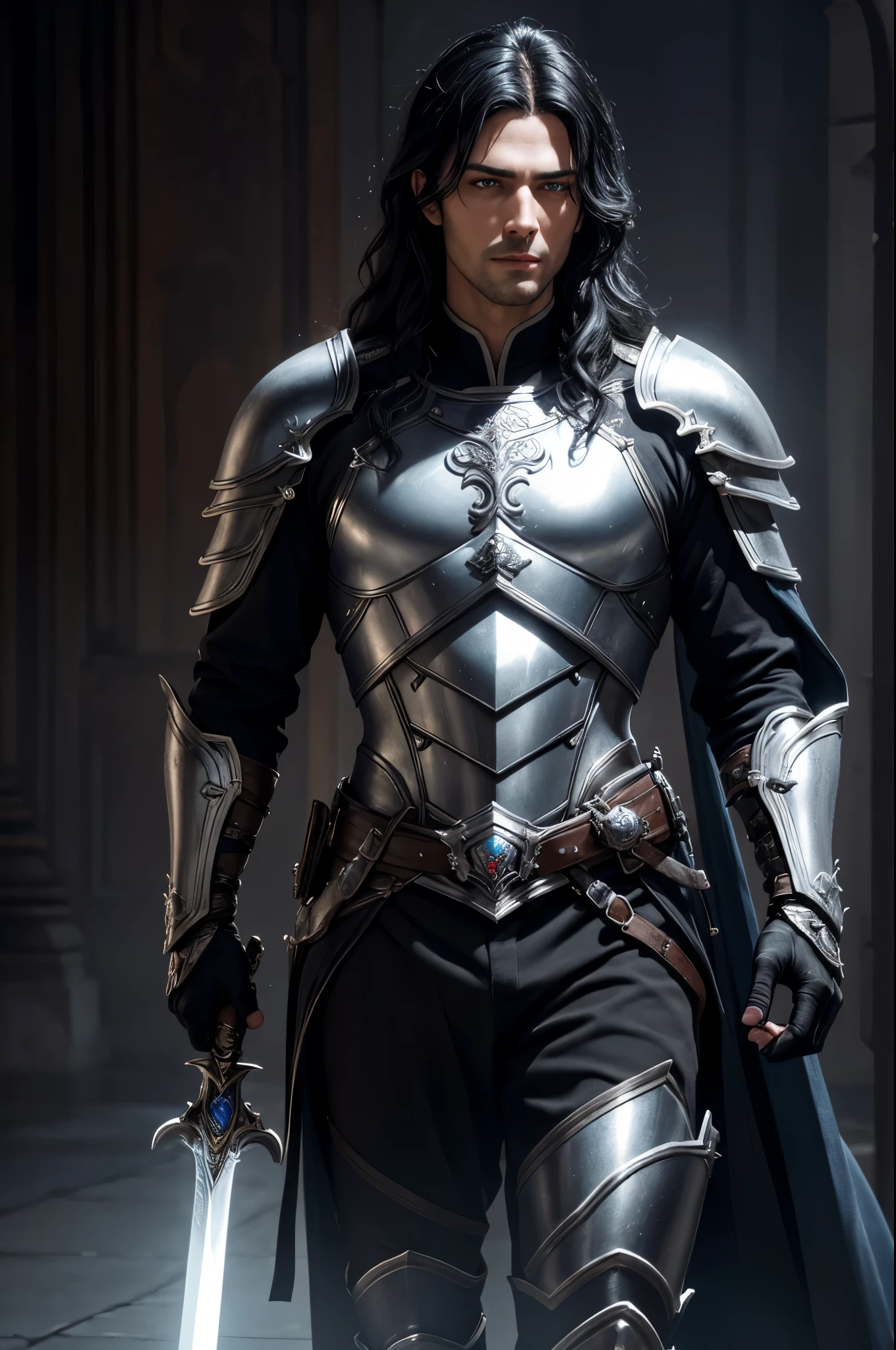 8K,Photoreal,Raw photo(highest quality;1.4) ,(1 adult male),super handsome(lifelike face),long black hair perm,handsome prince with blue eyes,black and silver aristocratic look,black and silver pants,glare,Equipped with a long and large sword on the waist,Wearing black leather gloves,Remains,Gweitz style,realistic,exact details,unreal engine,beautiful expression,Details of each part,Super high resolution.超realistic,attractive,foot armor,skin that looks real,Fantasy Emperor.ultra high resolution,Super realistic,fantasy art,character art,