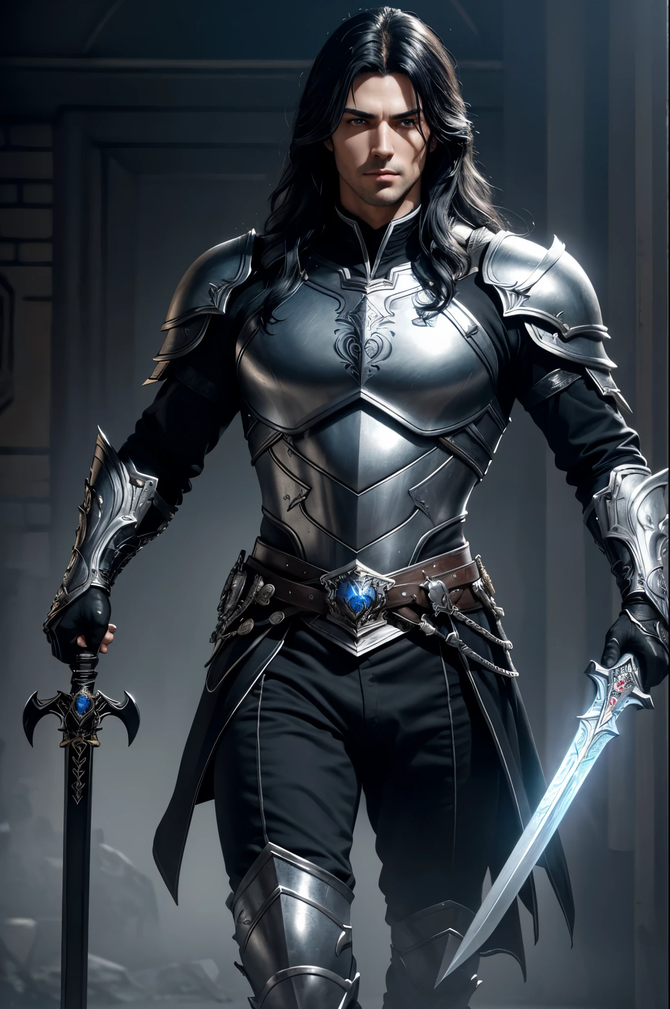 8K,Photoreal,Raw photo(highest quality;1.4) ,(1 adult male),super handsome(lifelike face),long black hair perm,handsome prince with blue eyes,black and silver aristocratic look,black and silver pants,glare,Equipped with a long and large sword on the waist,Wearing black leather gloves,Remains,Gweitz style,realistic,exact details,unreal engine,beautiful expression,Details of each part,Super high resolution.超realistic,attractive,foot armor,skin that looks real,Fantasy Emperor.ultra high resolution,Super realistic,fantasy art,character art,