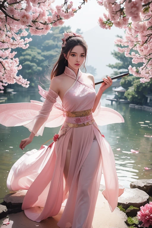 Martial arts，The female knight looks absolutely beautiful，Hot figure，Graceful and graceful，Dressed in pink，Fairy sword in hand，Temperament type pink fairy air hovering，Chinese red flower palace background