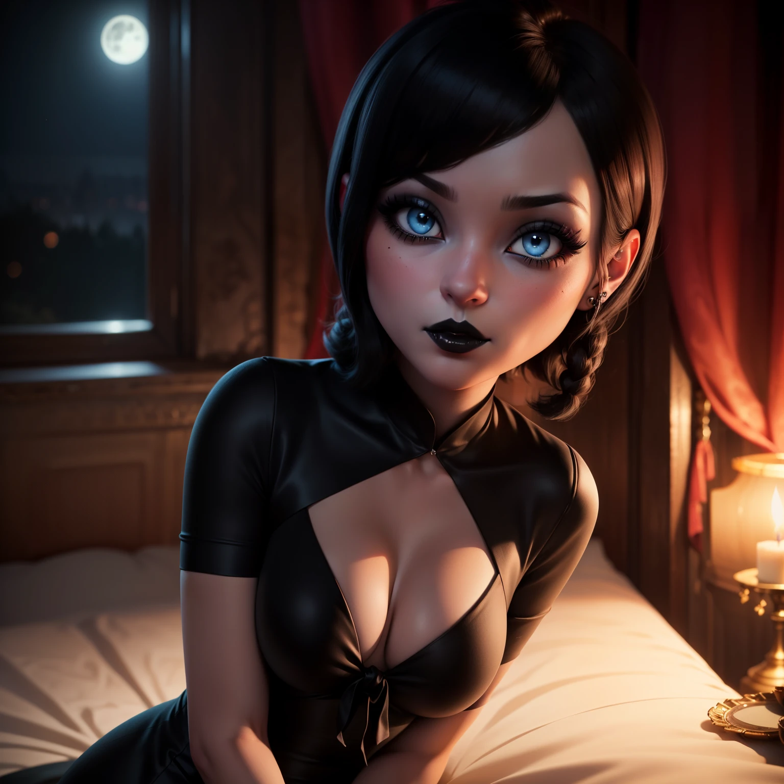 (Masterpiece, photorealistic, photorealism, best quality, ultra-detailed:1.3), (nice hands, perfect hands), official art, cinematic light, (1girl:1.3), (solo:1.4), adult, (hyper realism), retro art style, full moon, village, Mavis Dracula, teeth, (black dress, sleeves, skins thight dress), (black:1.5), (tied hair, black hair, light blue eyes:1.5), staring, dark evil, night, ambient candlelight , hotel Transylvania, (bat), lays in bed, blush, depth of field, young female, medium breasts, emo:1.7, (black eyelashes, eyeliner, black lipstick:1.5), diamond earrings