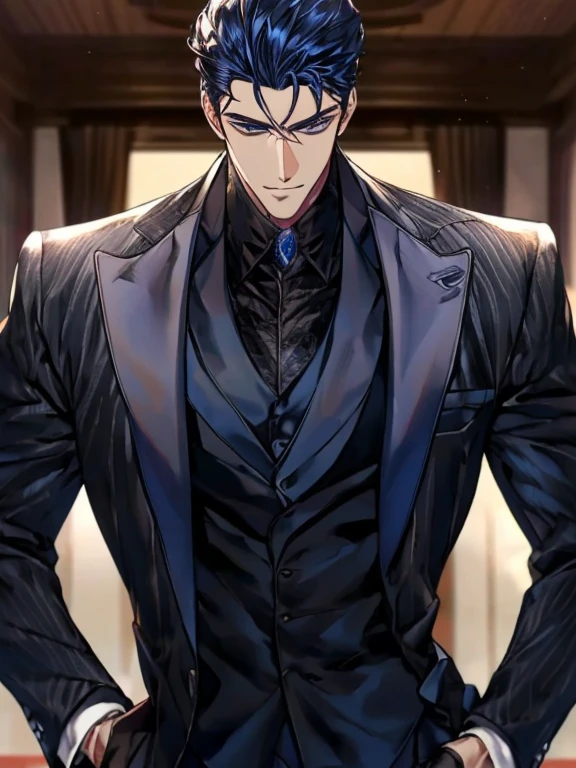 ((muste piece)), ((best quality)), ((brown skin)), ((dark blue eyes)), ((Dark blue hair))、handsome man , masculine、tall、sexy、Adult man、Three white eyes、handsome man、firmly、muscular、broad shoulders、smile、wild、とてもwild、(((black suit))、 (highest quality), very detailed, focus only, very detailed顔,