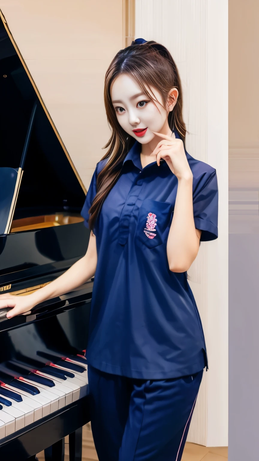 2 girls in the piano room, Short-sleeved shirt,Navy Long Trackpant,Age 25