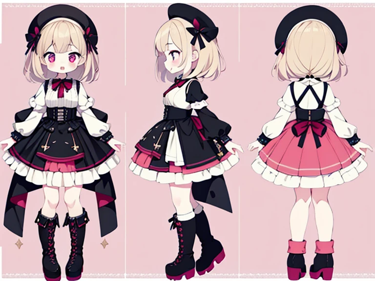 character sheet,masterpiece, highest quality, cute, cute, 1 girl, alone, Mine series,Black goth loli,platform boots,pink makeup,T pose,pink weaving