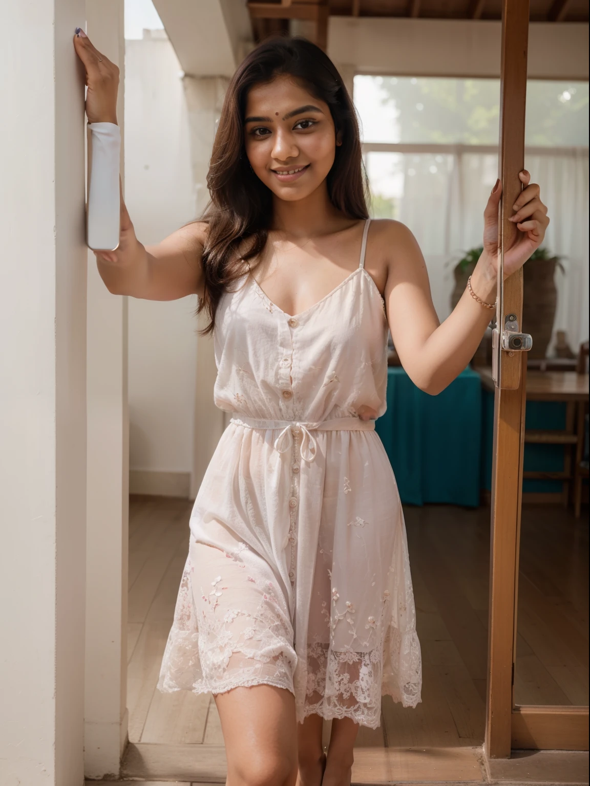 "RAW photo, photo of beautiful 24 year old Indian woman, only face, facing to the camera, selfie, cute face, high resolution, 8k, wearing long nice violet dress, full body covered with dress, smiling face, day light, quite slim, fair tone,"