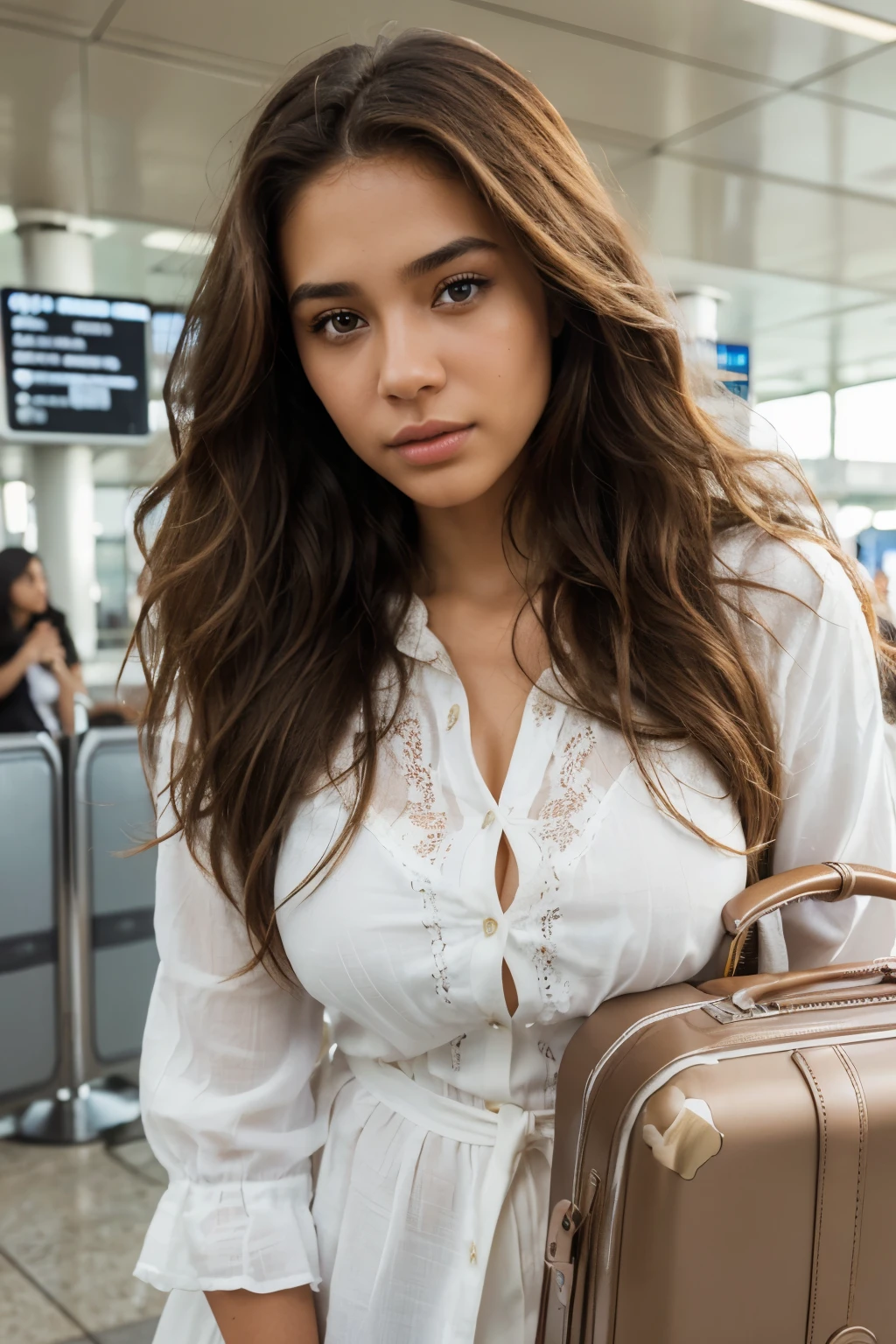 (best quality,ultra-detailed,photorealistic, non-blurry) young woman, beautiful eyes, detailed lips, caramel complexion, natural lighting, vibrant colors, wavy and voluminous hair, pensive expression, white summer outfit, looking away, with suitcase, at the airport, realistic detailed fingers