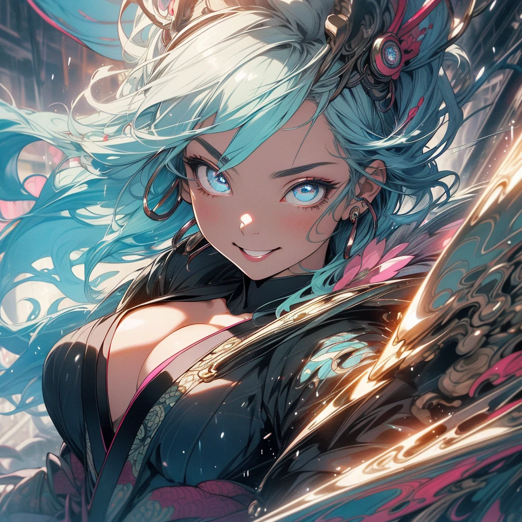 (((highest quality))),(((detailed eyes))),(((32k))),(1 girl),flashyな色の髪,(tattoo),cyber punk,kimono,((Luxurious and gorgeous)),Shiny skin,earrings,flashy,((Super beautiful woman)),(perfect face),Japanese sword,ultimate texture,official art,Ukiyo-e,stylish,photograph,perfect body,smile,Bewitching,Highest image quality,Super clear,real,fantasy,(Near the future),ninja,((perfect eyes)),big breasts,((cleavage)),highlight,挑発的なsmile,stick out tongue,split tongue,mechanical,mandala,Pouring rain,Majestic,apotheosis,