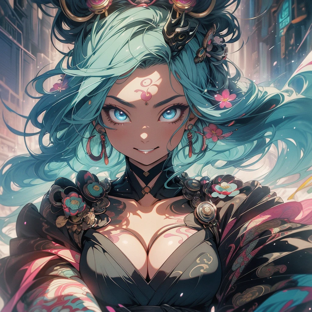(((highest quality))),(((detailed eyes))),(((32k))),(1 girl),flashyな色の髪,(tattoo),cyber punk,kimono,((Luxurious and gorgeous)),Shiny skin,earrings,flashy,((Super beautiful woman)),(perfect face),Japanese sword,ultimate texture,official art,Ukiyo-e,stylish,photograph,perfect body,smile,Bewitching,Highest image quality,Super clear,real,fantasy,(Near the future),ninja,((perfect eyes)),big breasts,((cleavage)),highlight,挑発的なsmile,stick out tongue,split tongue,mechanical,mandala,Pouring rain,Majestic,apotheosis,