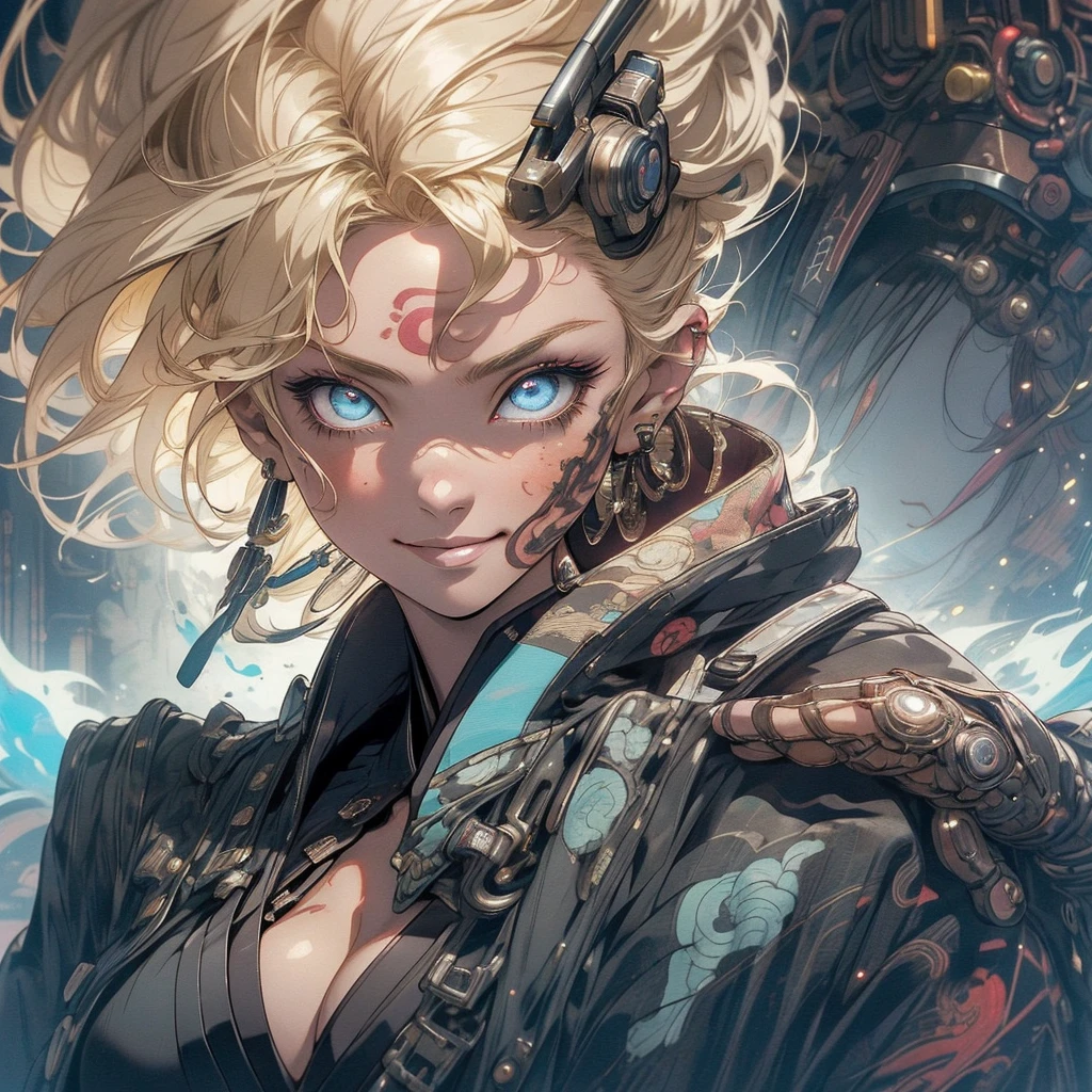(((highest quality))),(((detailed eyes))),(((32k))),(1 girl),blonde,(tattoo),(cyber punk),kimono,((Luxurious and gorgeous)),Shiny skin,earrings,flashy,((Super beautiful woman)),(perfect face),Japanese sword,ultimate texture,official art,Ukiyo-e,stylish,photograph,perfect body,smile,Bewitching,Highest image quality,distinct,real,fantasy,(Near the future),ninja,((perfect eyes)),((big breasts)),((cleavage)),highlight,挑発的なsmile,(stick out tongue),split tongue,((mechanical)),inflammation,(steampunk),