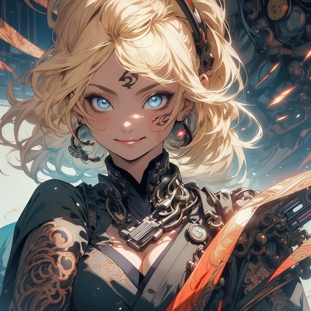 (((highest quality))),(((detailed eyes))),(((32k))),(1 girl),blonde,(tattoo),(cyber punk),kimono,((Luxurious and gorgeous)),Shiny skin,earrings,flashy,((Super beautiful woman)),(perfect face),Japanese sword,ultimate texture,official art,Ukiyo-e,stylish,photograph,perfect body,smile,Bewitching,Highest image quality,distinct,real,fantasy,(Near the future),ninja,((perfect eyes)),((big breasts)),((cleavage)),highlight,挑発的なsmile,(stick out tongue),split tongue,((mechanical)),inflammation,(steampunk),