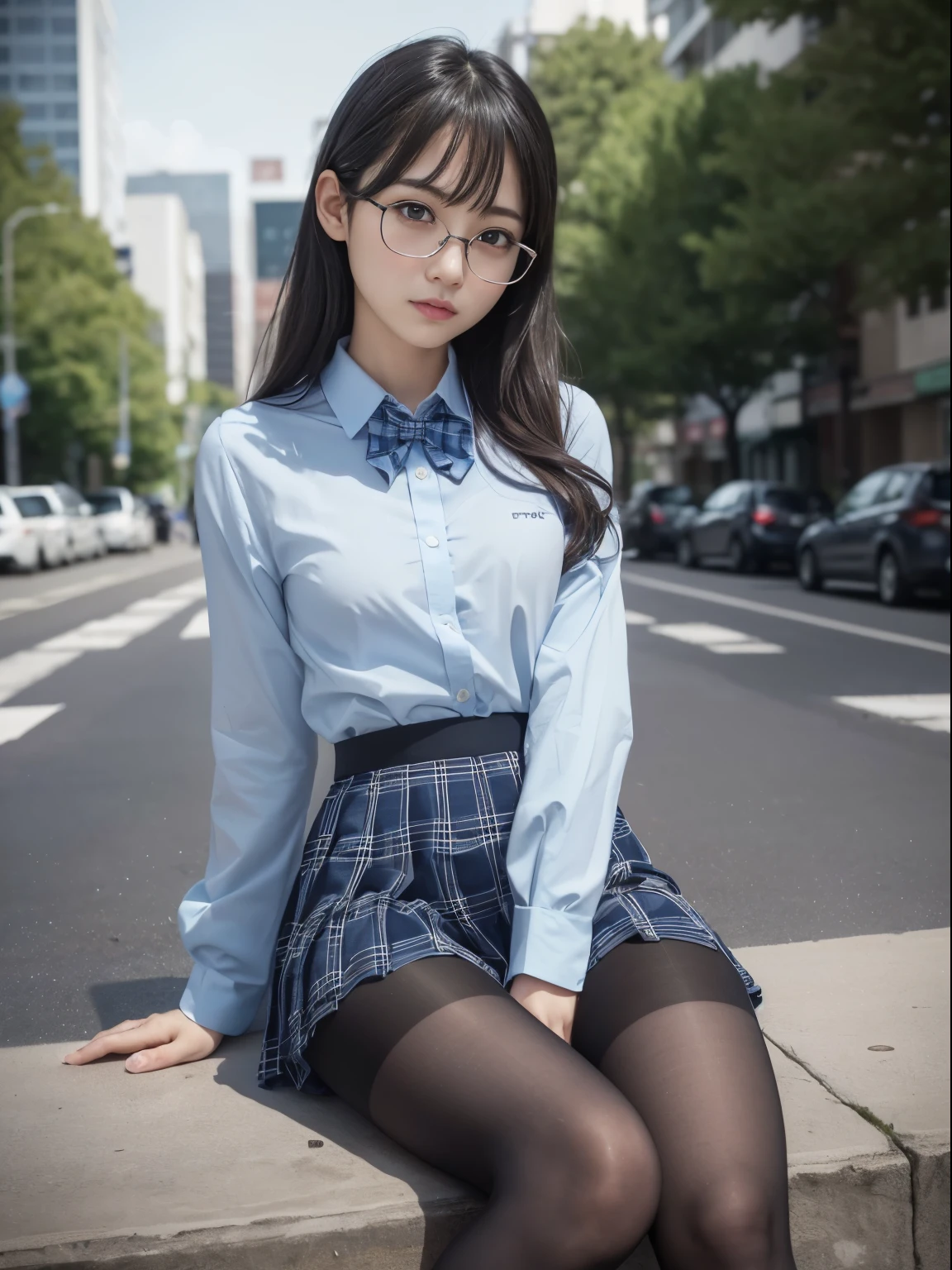 (I can see my underwear)、((細いeye))、((細いeye))、((細いeye))、(8K、生photographgraphy、highest quality、masterpiece:1.2),、small、(flat chest)、(flat chest)、(flat chest)、(flat chest)、(flat chest)、(Are thin)、Fair skin、Whitening、dark look、skinny,sex appeal,Fair skin肌,Saucy,School,looking at the viewer,looking straight ahead,high-pitched clothes,erotic,students,white skin,knees,((black pantyhose)),((black pantyhose)),disorganized,(small face),(small face),I can see the forehead,Bangs hanging from the left and right sides of the forehead,(cold look,eyeがきつめ,glare,bullish,anger)、masterpiece,highest quality、ultra high resolution,生photograph,beautiful,beautiful,There is only one person, solo,Glasses,,dark look,small breasts same,full body,(まるGlasses),JK uniform,high school girl,japanese woman, (photorealistic:1.37)、photon mapping,Reality、beautiful woman,cute ,ブラウンeye、black socks、(red bow tie)、radio city、Physically based rendering、depth of field rally background、photograph,body,beautiful feet, long legs, thin legs,(I can see my bangs), Hairy pubic area, lips, blue_eye, nose soft,(light blue dress shirt), (Navy, blue and white plaid pleated skirt), kneesが見える,transparent clothing,, Peaches, black cotton socks,Nogizaka Idol, , japanese idol