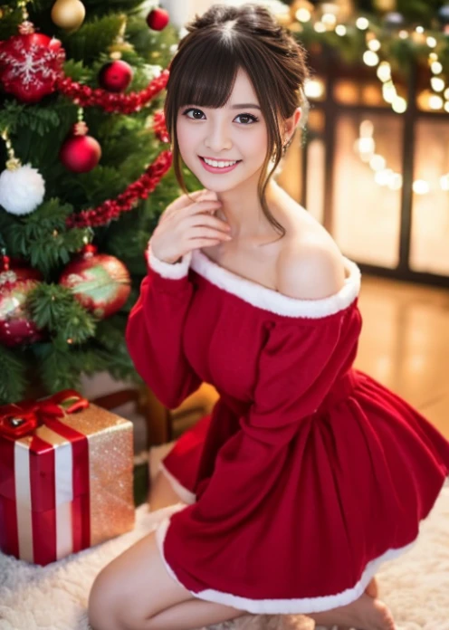 (girl in a beautiful red dress, Standing in front of a beautifully decorated Christmas tree),figure,Christmas,fun atmosphere,sparkling light,soft snowflakes fall,highest quality,4K,super detailed,Bright colors,pine scent,comfortable,romantic,Hilarious,Nice views,warmth,happiness,Magic,holiday spirit,winter wonderland,pure love and kindness.、off shoulder、I keep my hair up and short、sexy pose,(Please take it off)、take off clothes、barefoot,