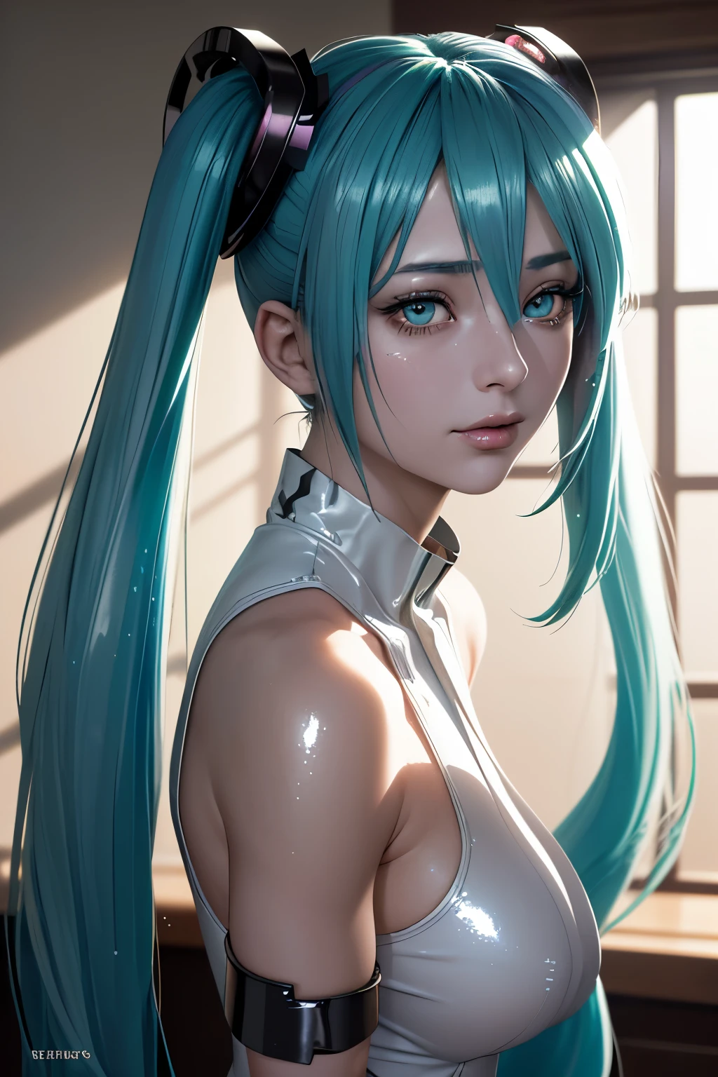(((1girl))), (((Waifu, VOCALOID, Miku Hatsune Waifu))), (((Long Hair, Twintails Hair))), ((Cyan Eyes eyes:1.3, Upturned Eyes: 1, Perfect Eyes, Beautiful Detailed Eyes, Gradient eyes: 1, Finely Detailed Beautiful Eyes: 1, Symmetrical Eyes: 1, Big Highlight On Eyes: 1.2, Makima Eyes, Spiral Eyes)), (((Lustrous Skin: 1.5, Bright Skin: 1.5, Skin Fair, Shiny Skin, Very Shiny Skin, Shiny Body, Plastic Glitter Skin, Exaggerated Shiny Skin, Illuminated Skin))), (Detailed Body, (Detailed Face)), Young, (Best Quality), Shirt, Loose Skirt, Garter Belt, Stockings, High Resolution, Sharp Focus, Ultra Detailed, Extremely Detailed, Extremely High Quality Artwork, (Realistic, Photorealistic: 1.37), 8k_Wallpaper, (Extremely Detailed CG 8k), (Very Fine 8K CG), ((Hyper Super Ultra Detailed Perfect Piece)), (((Flawlessmasterpiece))), Illustration, Vibrant Colors, (Intricate), High Contrast, Selective Lighting, Double Exposure, HDR (High Dynamic Range), Post-processing, Background Blur, Inky Shadows, Darker Shadows, Thick Shadows, High Quality Shadows, high detail, realistic, Cinematic Light, sidelighting, Lens Flare, Ray tracing, sharp focus,