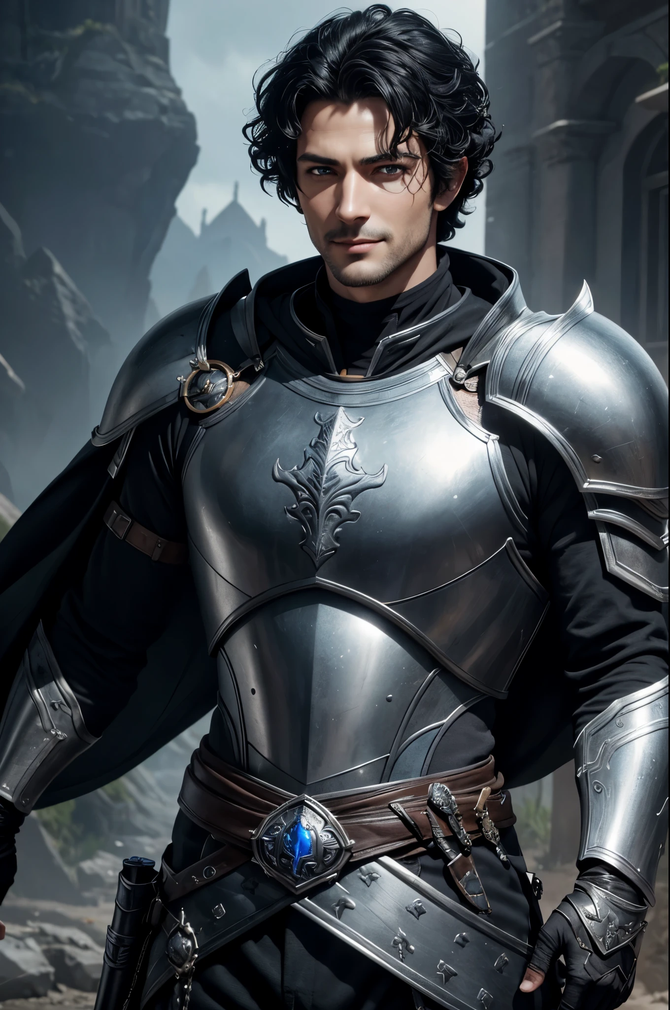 K,Photoreal,Raw photo(highest quality;1.4) ,(1 adult male),super handsome(lifelike face),short black hair perm,handsome prince with blue eyes,Black and silver armor,black and silver pants,glare,Equipped with a long and large sword on the waist,Wearing black leather gloves,Remains,Gweitz style,realistic,exact details,unreal engine,beautiful expression,Details of each part,Super high resolution.超realistic,attractive,foot armor,skin that looks real,Fantasy Emperor.ultra high resolution,Super realistic,fantasy art,character art,wilderness,smile,