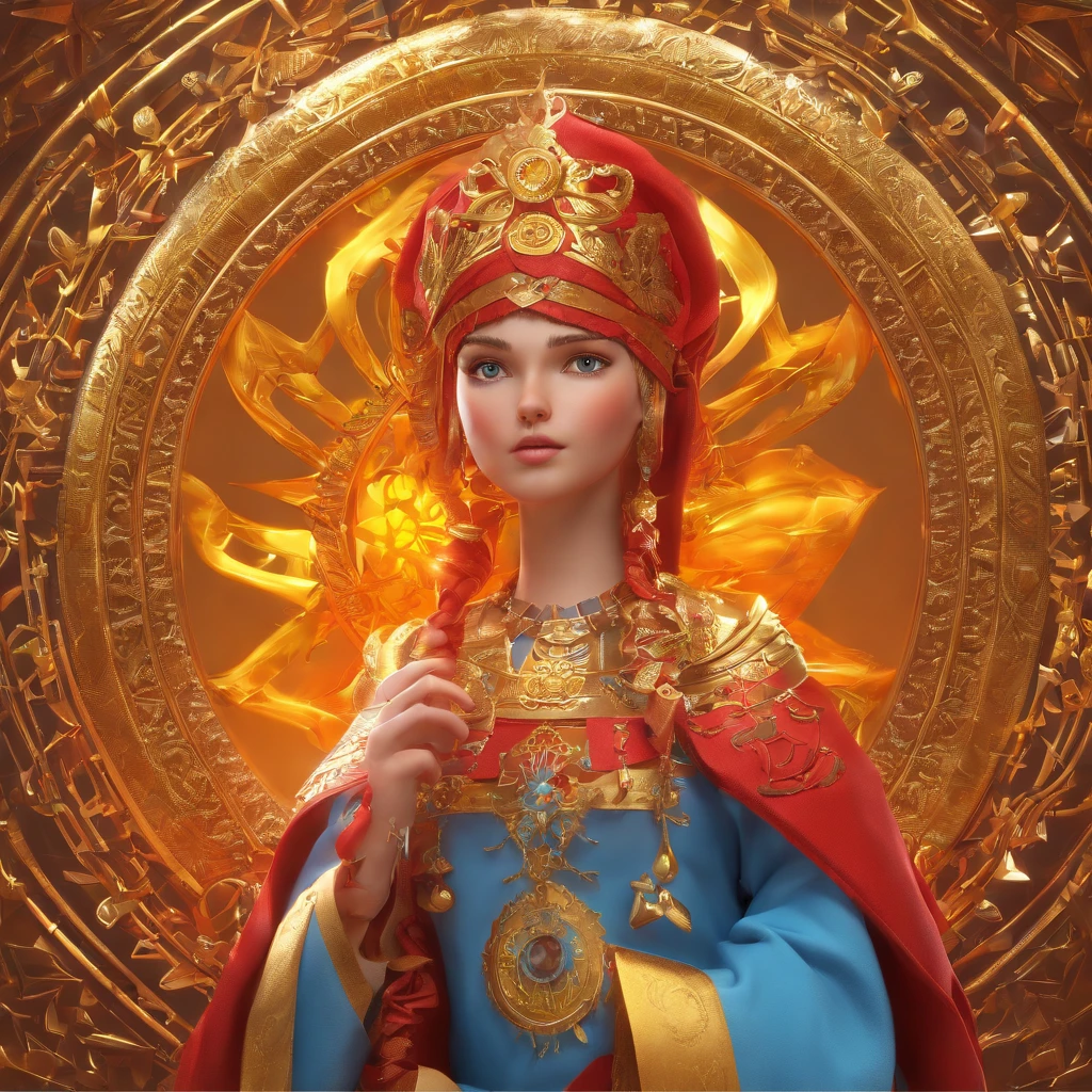 IP character, Slavic sun, Slavic ornament, Slavic runes, Slavic sun god, human figure with sun head, doll figure, golden hands with Slavic ornaments, golden legs, gold body, body with Slavic ornament, Textured, decorated with Slavic runes, Slavic costume is put on a golden doll, gold, red, yellow славянский костюм, славянский gold сарафан, народная doll, Slavic golden face, Goes, comes down from the sky, Bright red-yellow eyes, firey херувим, red, firey, yellow, light blue, gold, clay, stucco, Epic, models, doll, sun head, Shiny and delicate, Fairytale background, Good shine, 3D rendering,Best quality