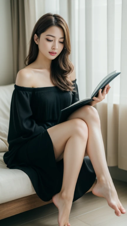 ((Angelina Sole)),((highest quality, 8K, masterpiece : 1.3)), sharp focus : 1.2, beautiful woman with perfect figure : 1.4, slim abs : 1.2, ((dark brown hair)), (Natural light, Her room : 1.1), Highly detailed face and skin texture, fine eyes, double eyelid、((professional makeup:1.3))、((sexy milf:1.3))、thick lips、lip gloss、eye make up、Downcast eyes、black dress、Bare skin、Right shoulder、barefoot、((reading:1.3))