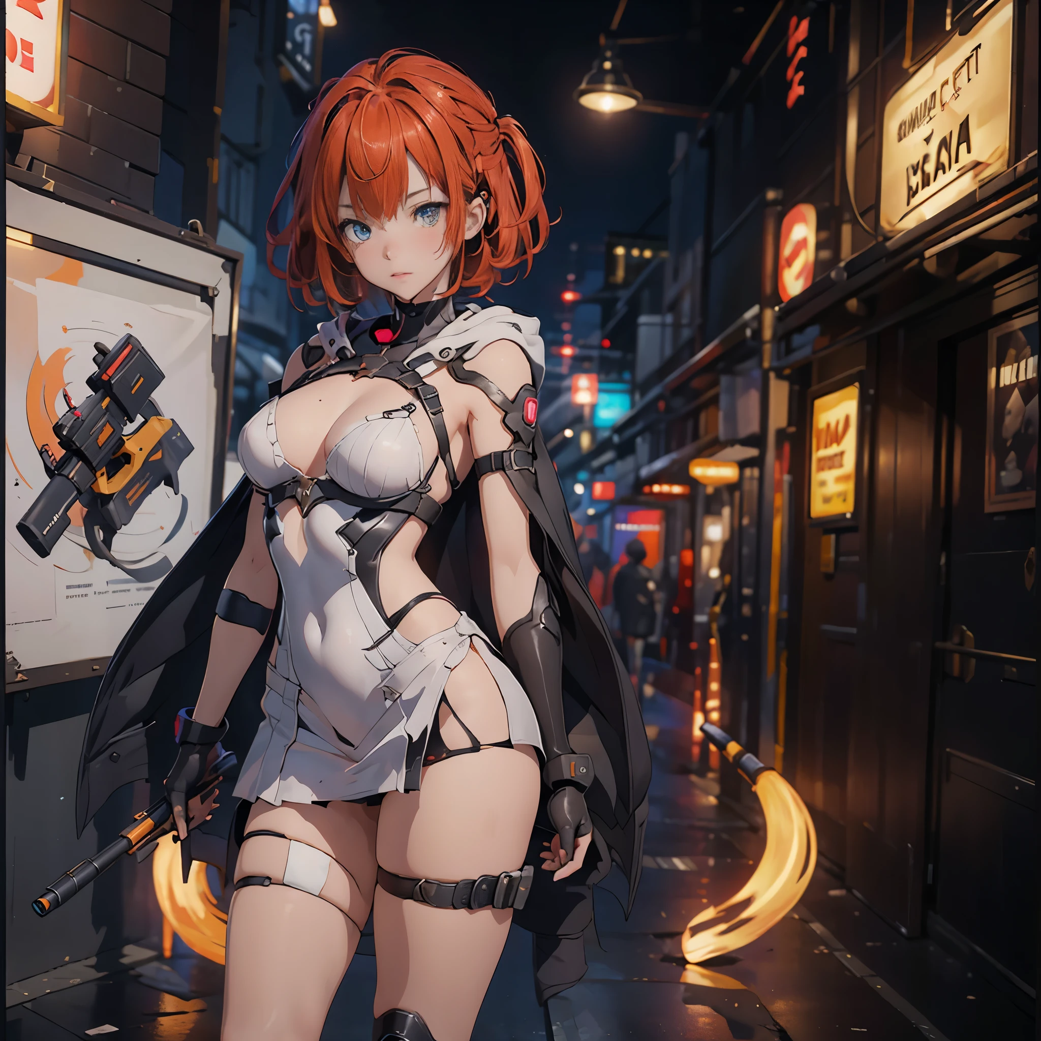 The alone young girl , High detail mature face, Orange Short Hair , Blue Eye , Exposed Chest , Black Cloak , White Chest Binder , White Hood ,Short Skirt , Gloves, Left Leg Knee Sock , Boots, high res, ultra sharp, She stands confidently in the center of the poster,Wear fashion-forward cyborg-futuristic outfits,a determined expression on her face, stand alone holding a sci-fi sniper rifle , sci-fi city, The background dark and gritty,There a sense of danger and a strong feeling。The text bold and eye-catching,With catchy slogans,Adds to the overall drama and excitement。The color palette dominated by dark colors,Dotted with bright colorake the poster dynamic and visually strikinagazines:1.3), (Cover-style:1.3), Fashion, vibrant, Outfit, posing on a, Front, rich colorful,Background with,element in,self-assured,Expressing the,halter,statement,Attachment,A majestic,coil,Runt,Touching pubic area,Scenes,text,Cover of a,boldness,attention-grabbing,titleashion,typeface,,Best quality at best,Hyper-detailing,8K ,hyper HD