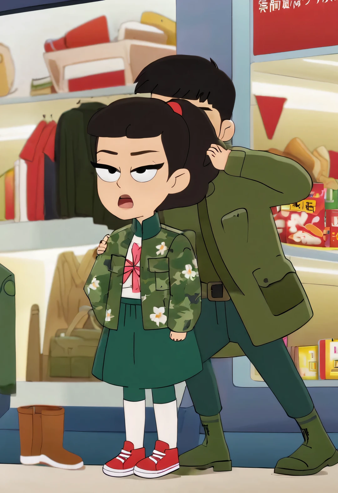 Chinese boy and littl couple shopping,Wearing the Northeastern large flowered jacket and green military coat that will be popular in 2023