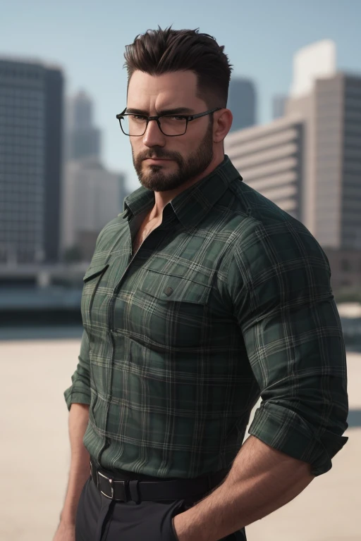 An award-winning original photo，A wild muscular man, (40 years old daddy:1.1), 1boy, Solo, (green plaid shirt), (black trouser), (big shoulders), musculature, stubbles, Short beard, Beautiful eyes:1.3, ), (Detailed face:1.3), wearing glasses, grumpy face, Dynamic Angle, volumetric lighting, (Best quality, A high resolution, Photorealistic), Cinematic lighting, Masterpiece, RAW photo, Intricate details, hdr, depth of field, upper body shot