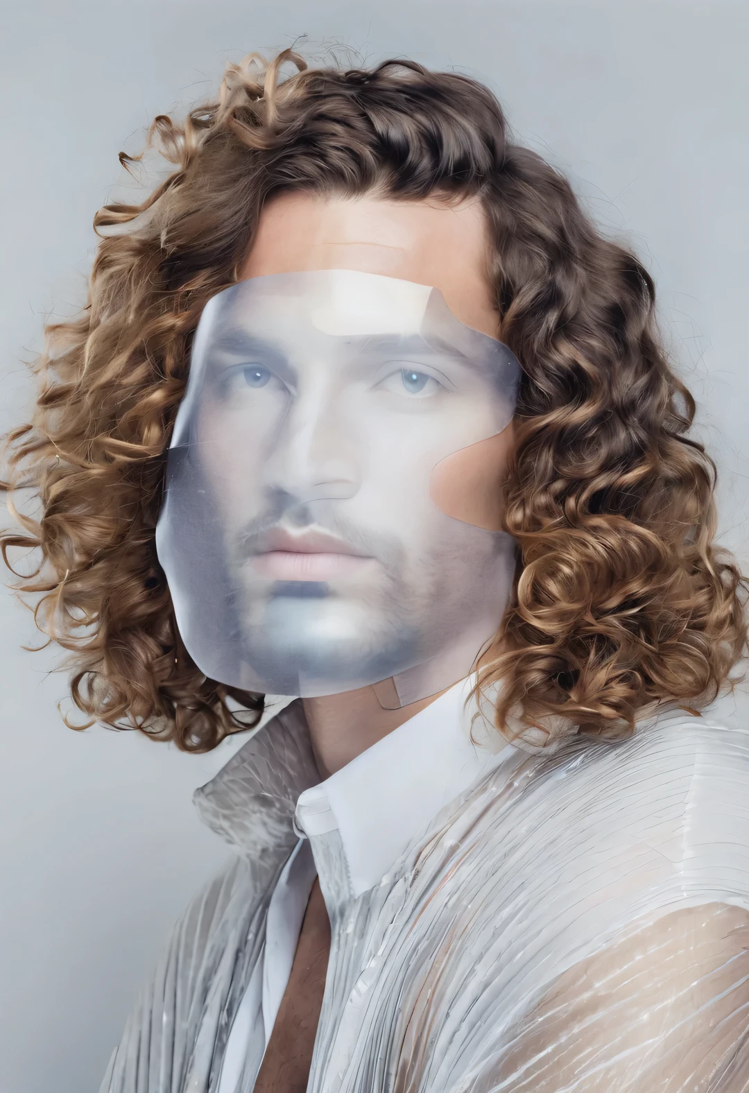 The face is transparent、Portrait of man with dark curly hair