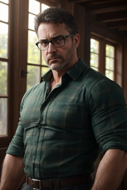 An award-winning original photo,A wild muscular man, (40 years old daddy:1.1), 1boy, Solo, (green plaid shirt), (black trouser), (big shoulders), musculature, stubbles, Short beard, Beautiful eyes:1.3, ), (Detailed face:1.3), wearing glasses, grumpy face, Dynamic Angle, volumetric lighting, (Best quality, A high resolution, Photorealistic), Cinematic lighting, Masterpiece, RAW photo, Intricate details, hdr, depth of field, upper body shot