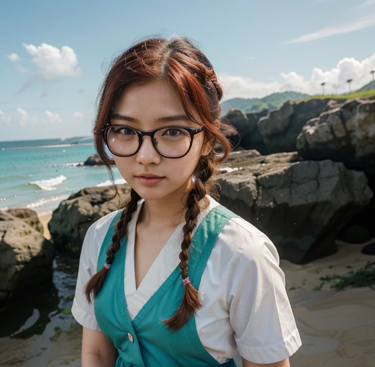 Korean Asian woman wearing glasses,beach, have glasses, Korean girl, แว่นตาthick, 18 years old., 22 years old, thick, 21 years old, beautiful Asian girl, Asian girl, เด็กสาวและcute, have glasses on, phenomenon, cute, big glass, สาวแมวcuteมาก...,Japanese school uniform,braid,red hair,smooth,sea,beach,sand,น้ำsea