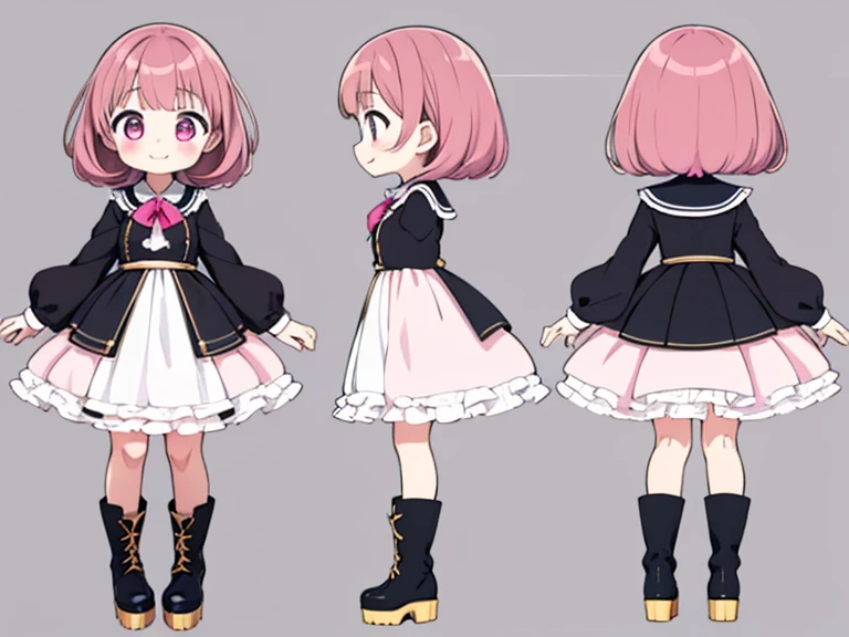 character sheet,masterpiece, highest quality, cute, cute, 1 girl, alone, Mine series,黒いゴスLoli,platform boots,pink makeup,T pose,pink weaving,A sloppy smile,close your mouth,Loli