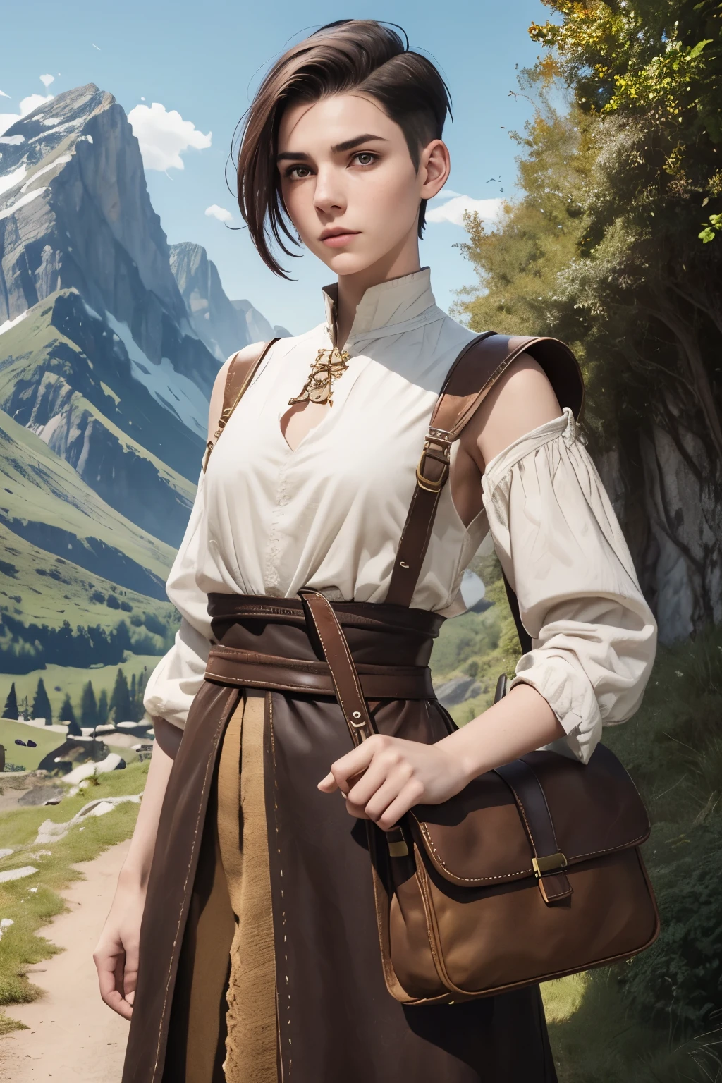 A young androgynous woman with a undercut in a fantasy setting. Happy. Kind. Friendly. Tomboyish. Very pale skin with freckles and liverspots. Very short dark-brown hair with a undercut haircut. Sides shaved. A round soft face and chin. Very thin and barely visible eyebrows. Darkbrown eyecolour. Upturned eyes. Long and wide nose. Curved lips. Long neck. Small chest. Slim. Wide hips. Long thick legs. Wearing used medieval clothing of a adventurer. A big brown medieval shoulder bag. D&D Style clothing. Background: A beautiful colourful landscape. Sun is shining. Mountains.