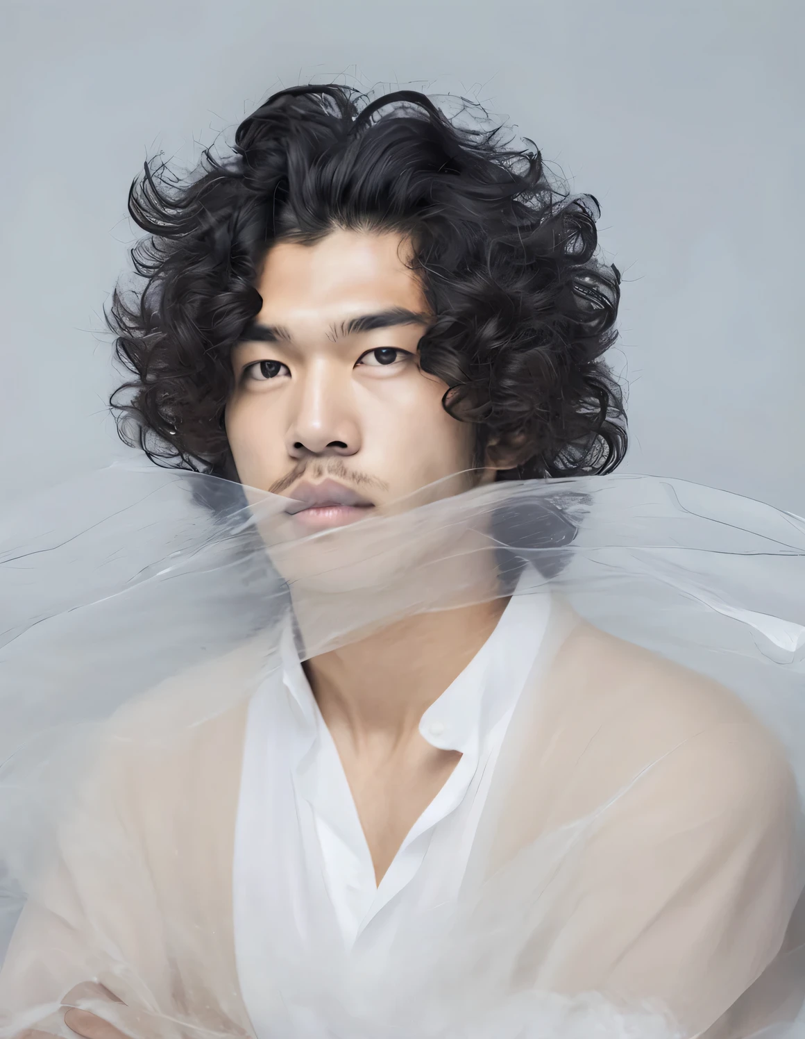 transparent face、Portrait of Asian man with thick curly black hair