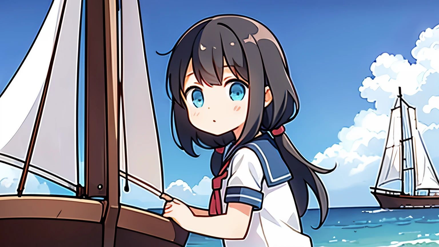 Girl posing in front of a sailing ship、cute