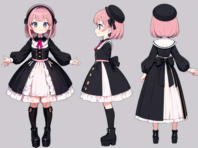 character sheet,masterpiece, highest quality, cute, cute, 1 girl, alone, Mine series,Black goth ****,platform boots,pink makeup,T pose,pink weaving,A sloppy smile,close your mouth,,Angel